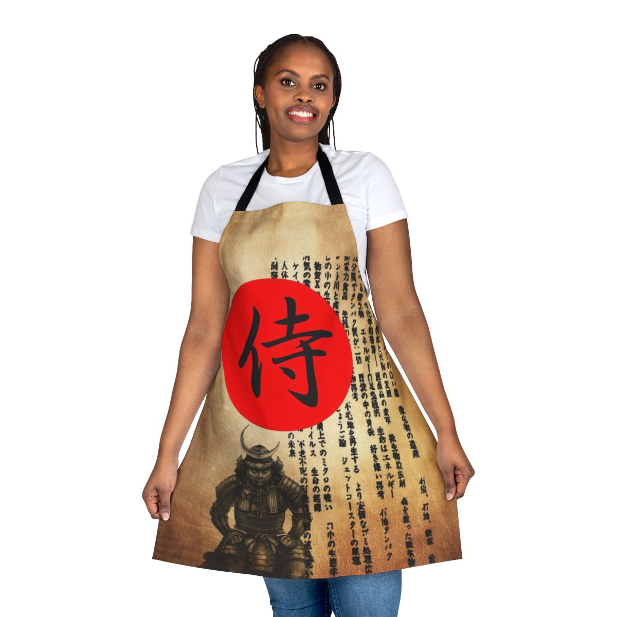 A black apron with a samurai silhouette design, perfect for a martial arts enthusiast or lover of Japanese culture.
