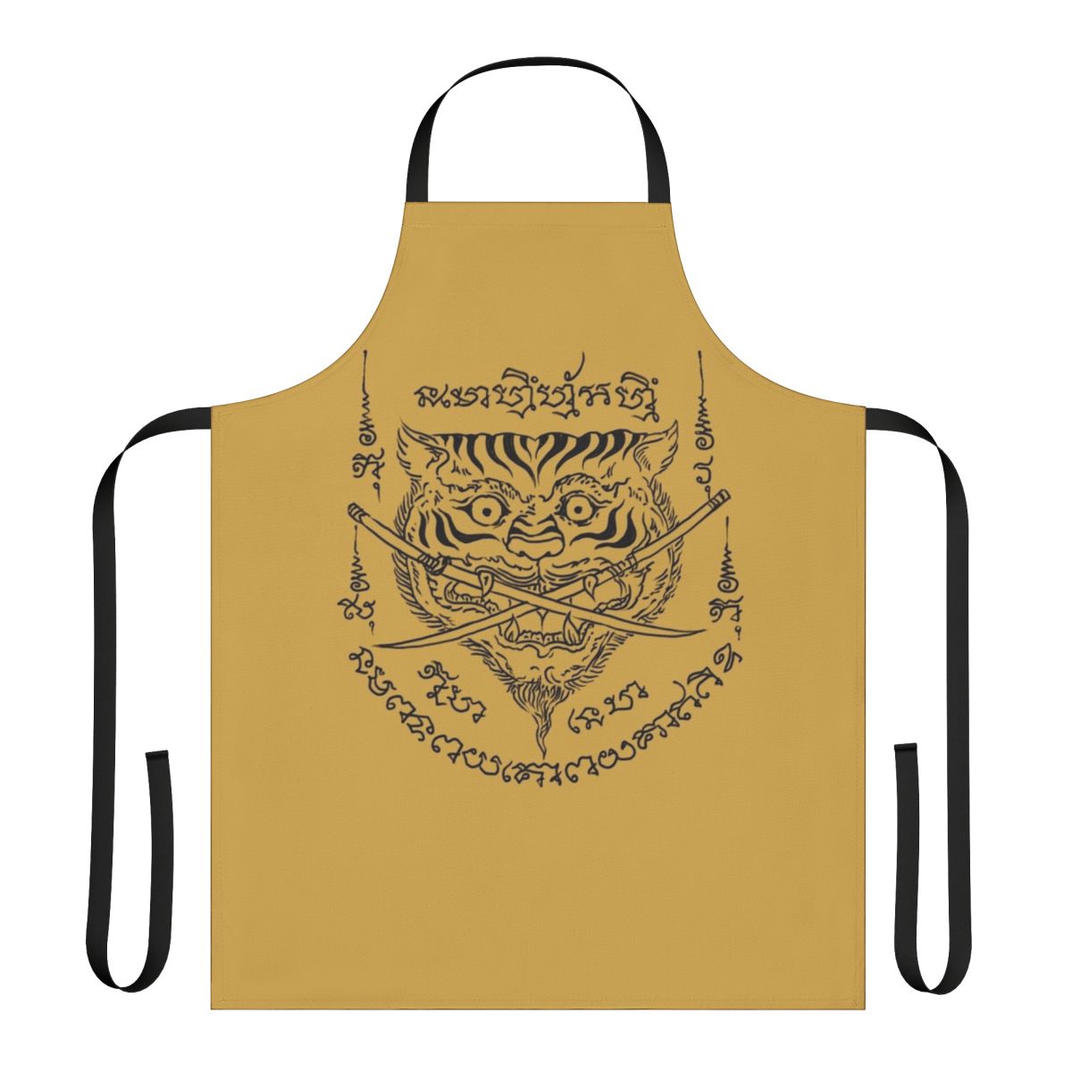 Traditional Thai tattoo-inspired tiger and swords emblem design on an apron