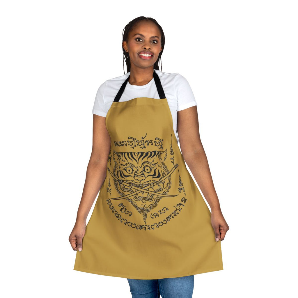 Traditional Thai tattoo-inspired tiger and swords emblem design on an apron