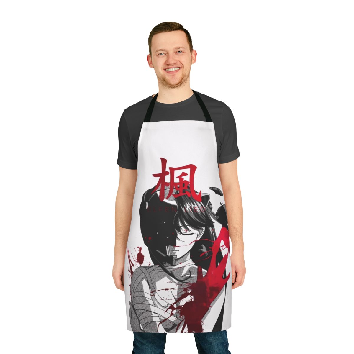 Tragic anime-inspired apron with dark, monochrome design