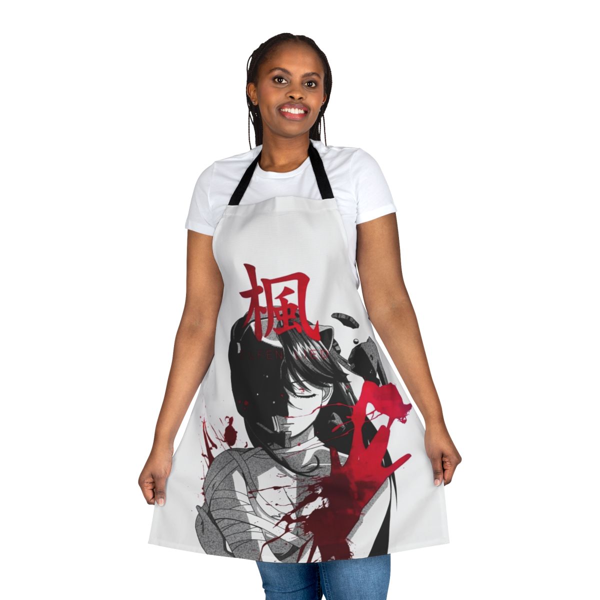 Tragic anime-inspired apron with dark, monochrome design