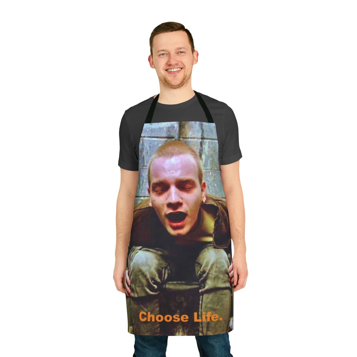 Trainspotting themed apron with iconic imagery and text