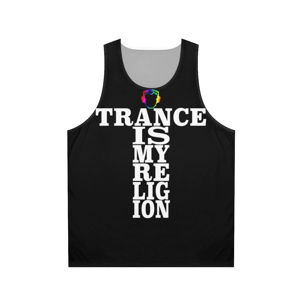 Trance music lover wearing a unisex tank top