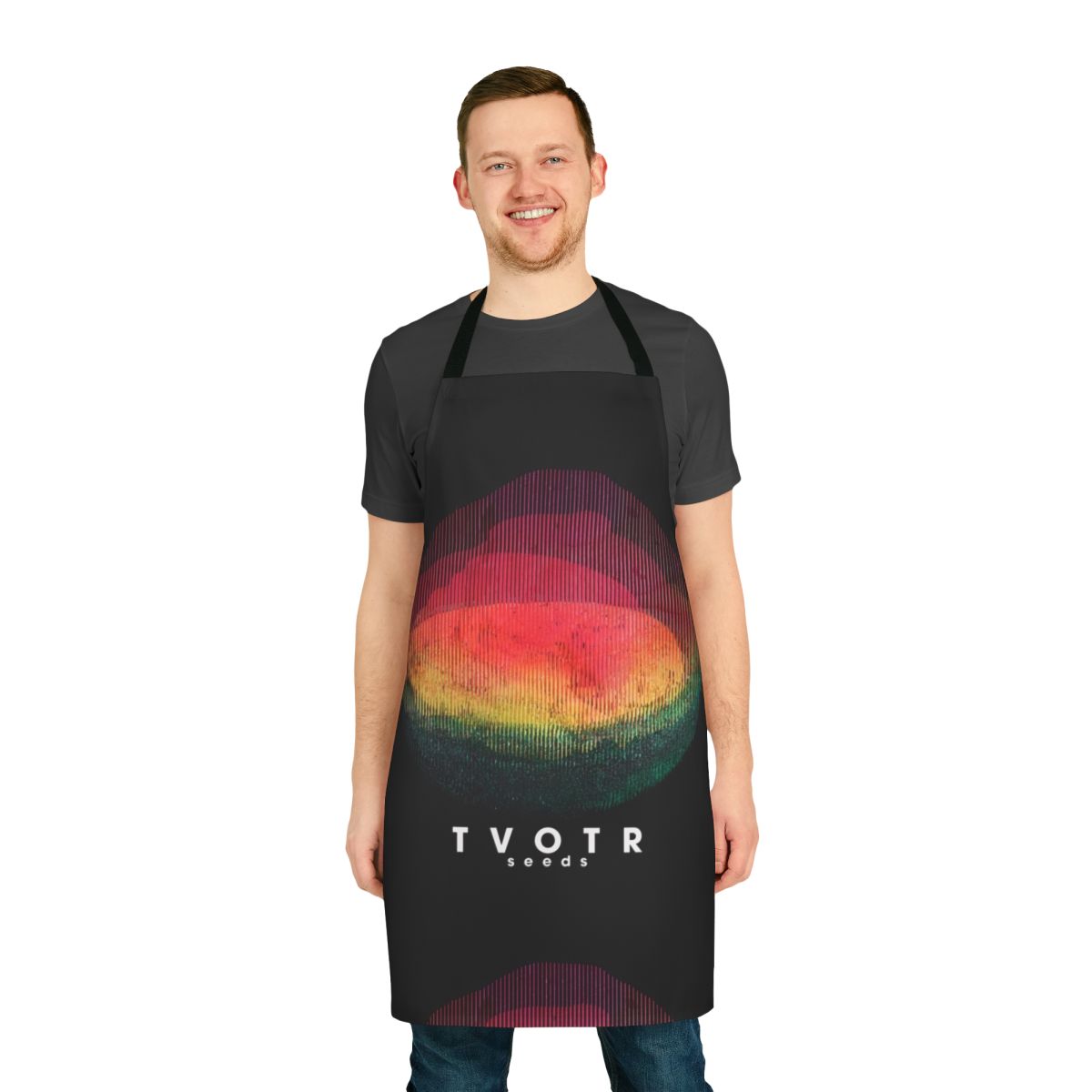 Tranpri-inspired apron featuring TV on the Radio band logo and tour imagery