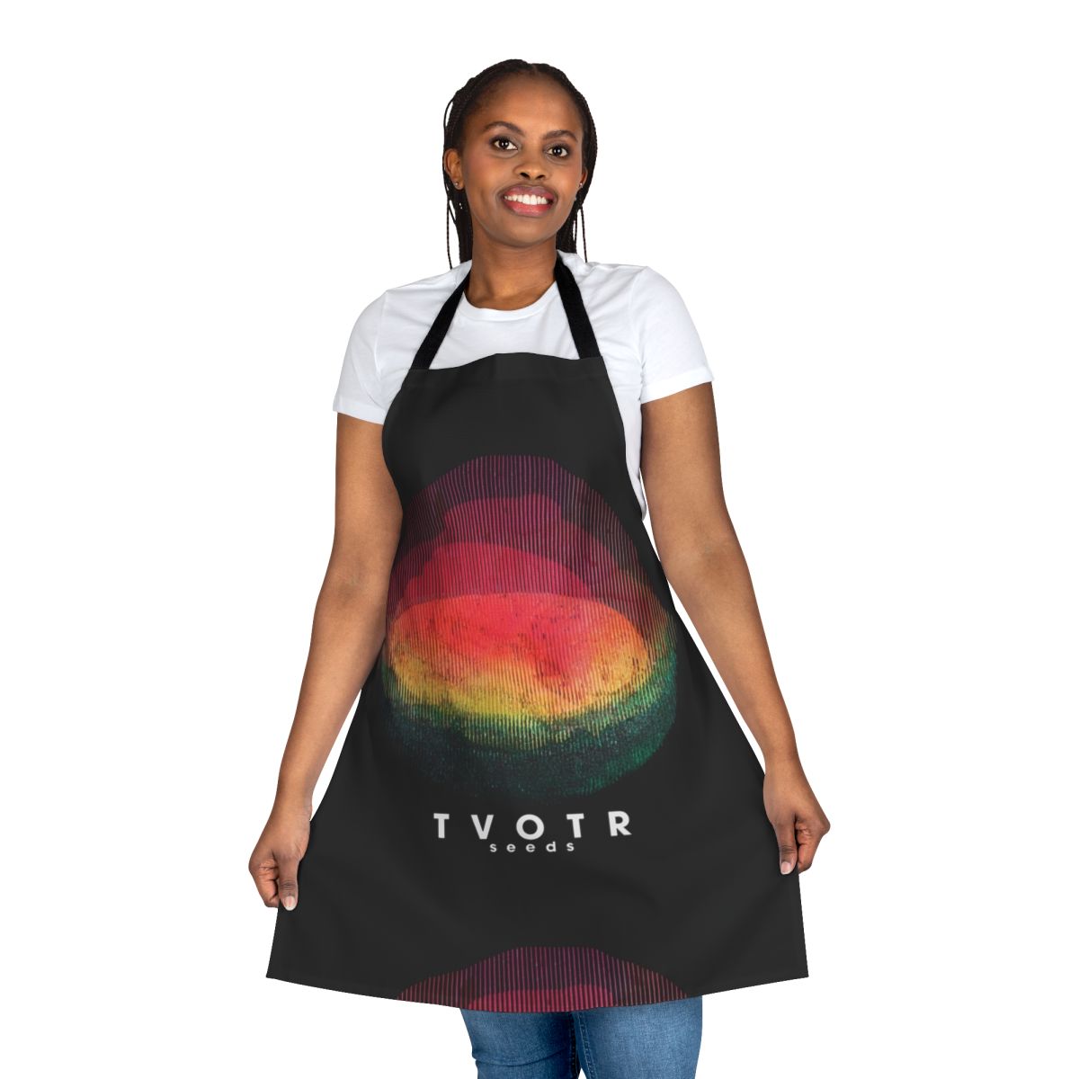 Tranpri-inspired apron featuring TV on the Radio band logo and tour imagery