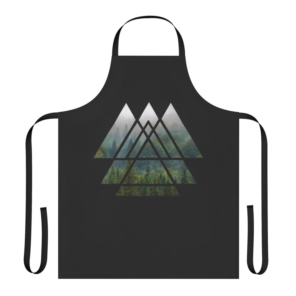 Apron featuring a minimalist watercolor design of sacred geometric triangles in a misty forest landscape