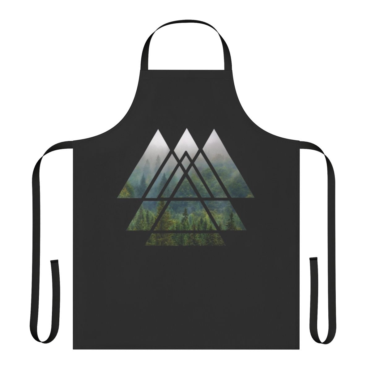 Apron featuring a minimalist watercolor design of sacred geometric triangles in a misty forest landscape