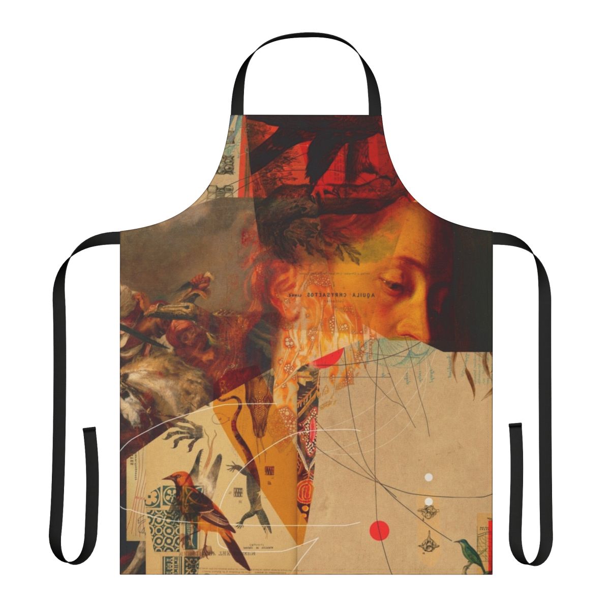 Transformations Apron featuring a surreal collage design of nature, animals, and geometric patterns in autumn colors by artist Frank Moth.