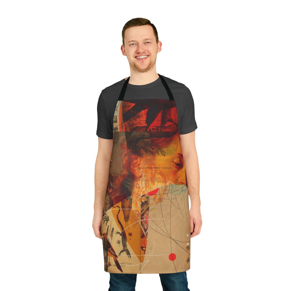 Transformations Apron featuring a surreal collage design of nature, animals, and geometric patterns in autumn colors by artist Frank Moth.