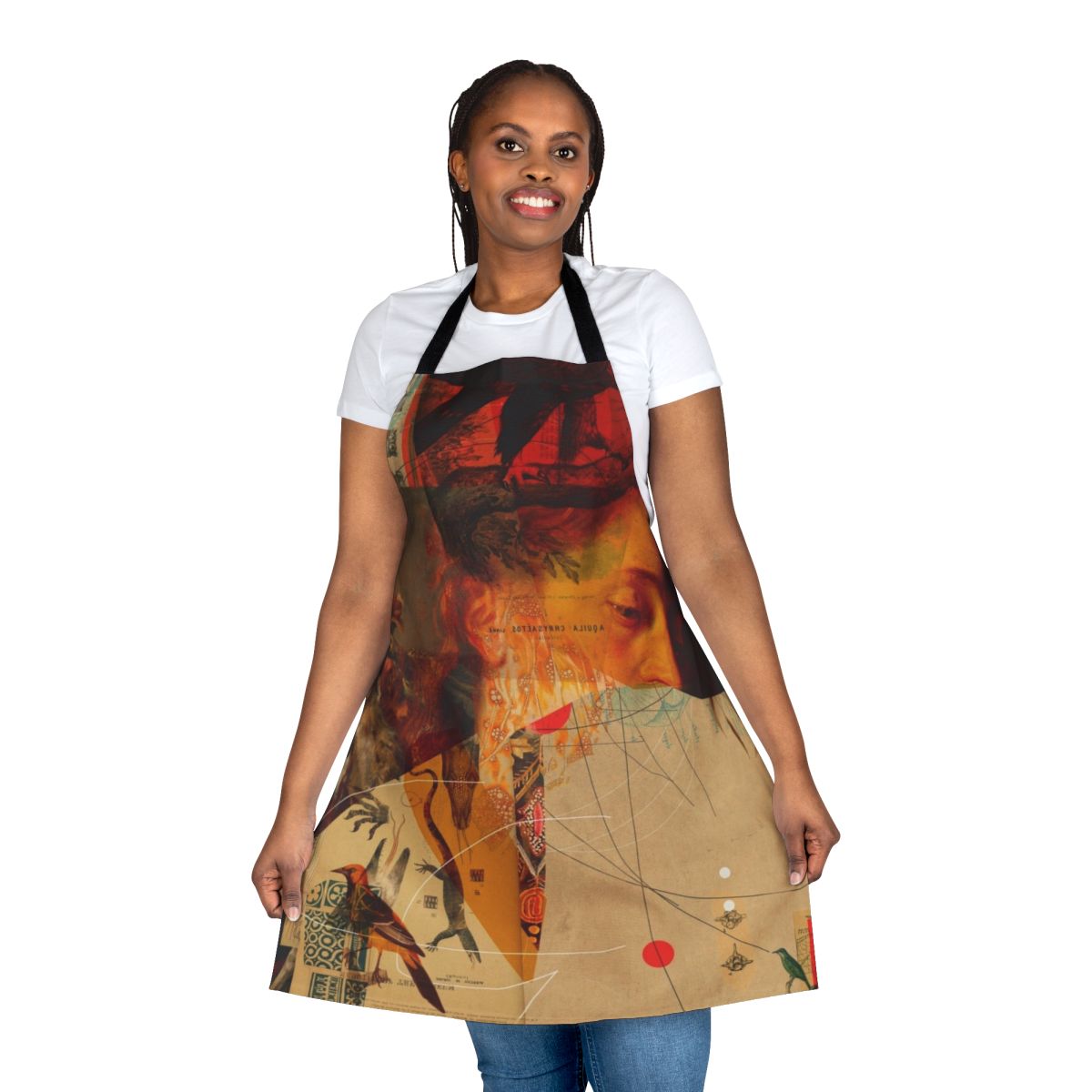 Transformations Apron featuring a surreal collage design of nature, animals, and geometric patterns in autumn colors by artist Frank Moth.