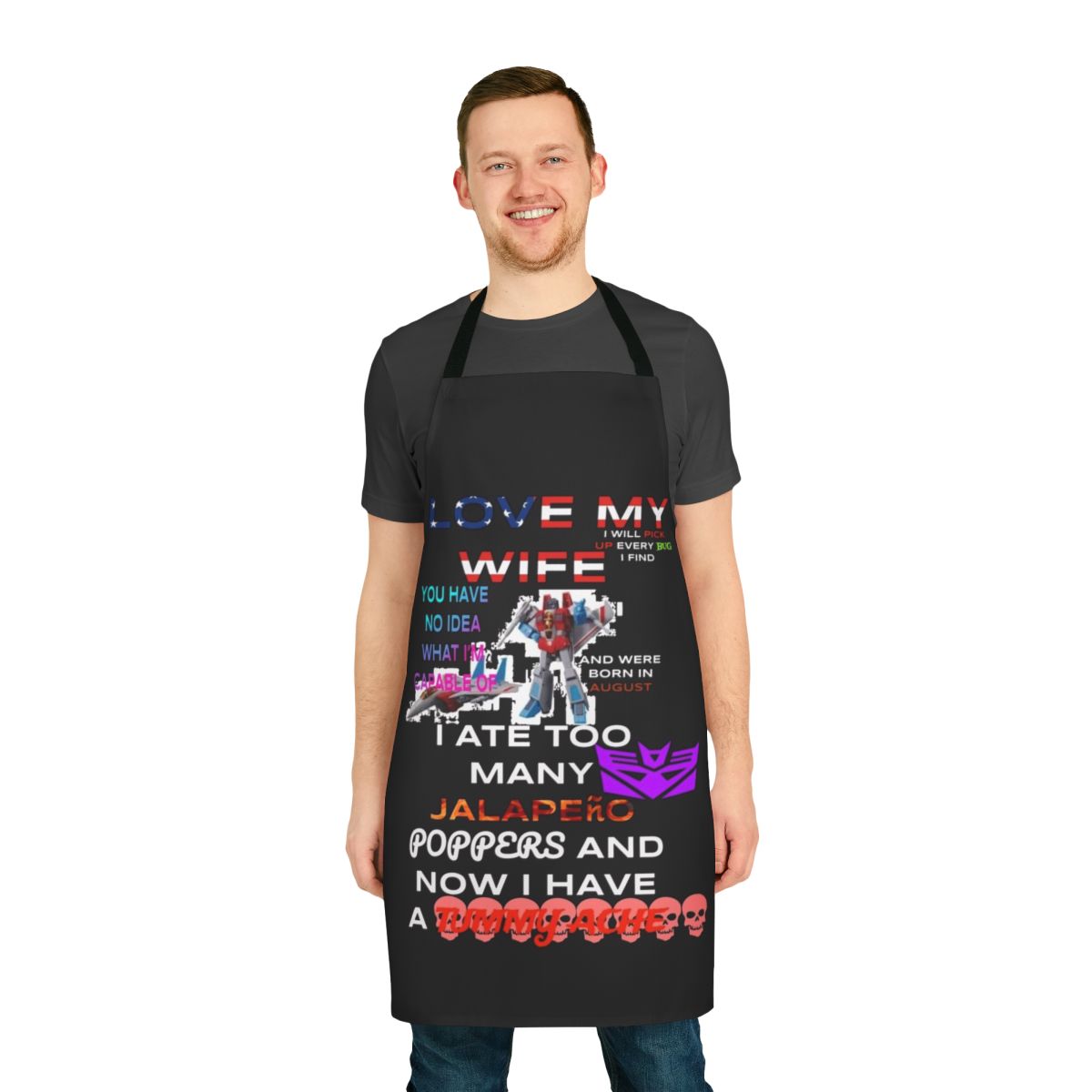 Transformer-themed apron with bold graphic design