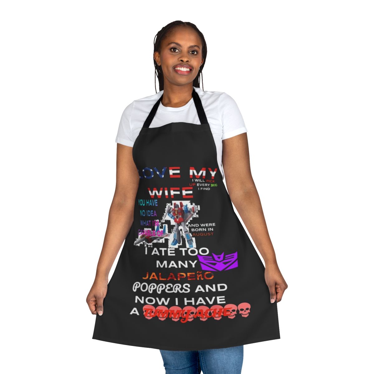 Transformer-themed apron with bold graphic design