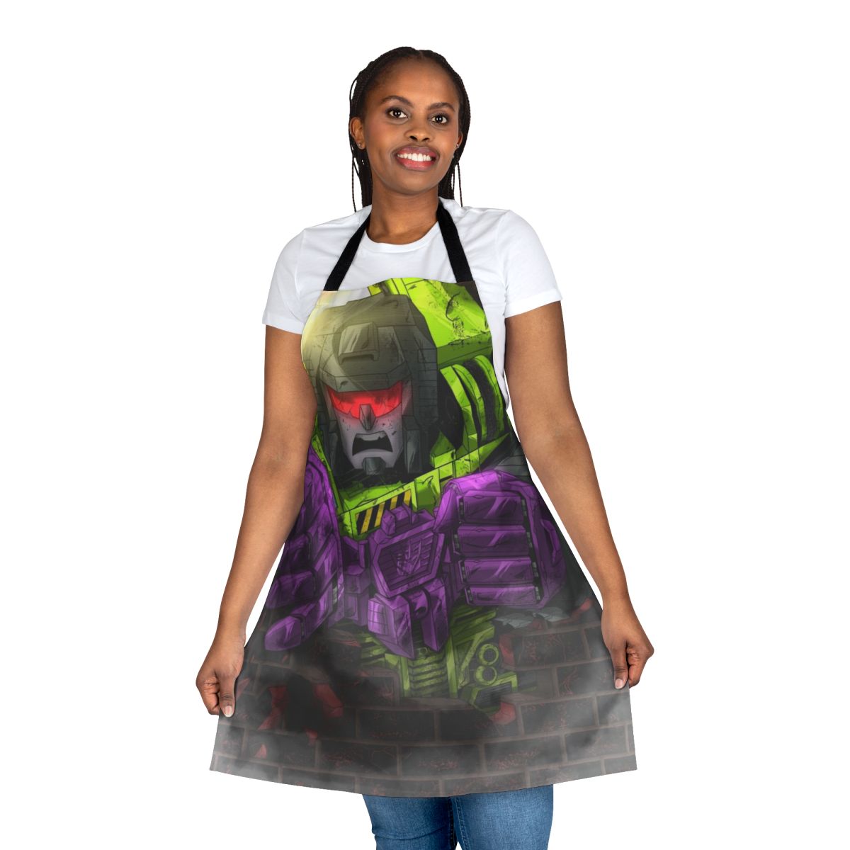 A transformer-themed apron with the Devastator character design