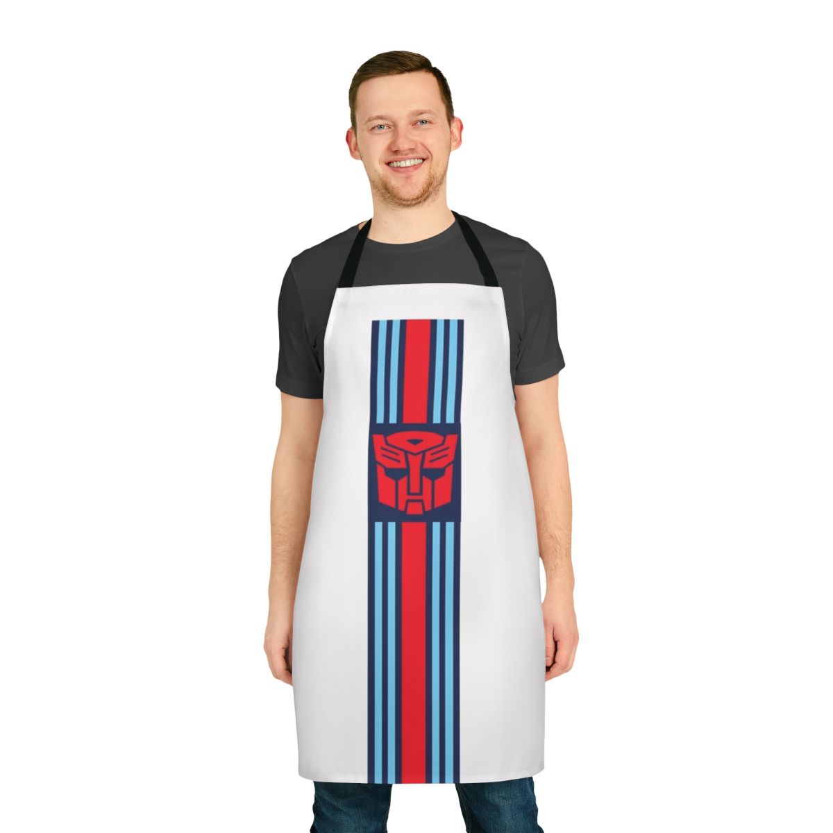 Transformers-themed kitchen apron with robot characters and race car graphics
