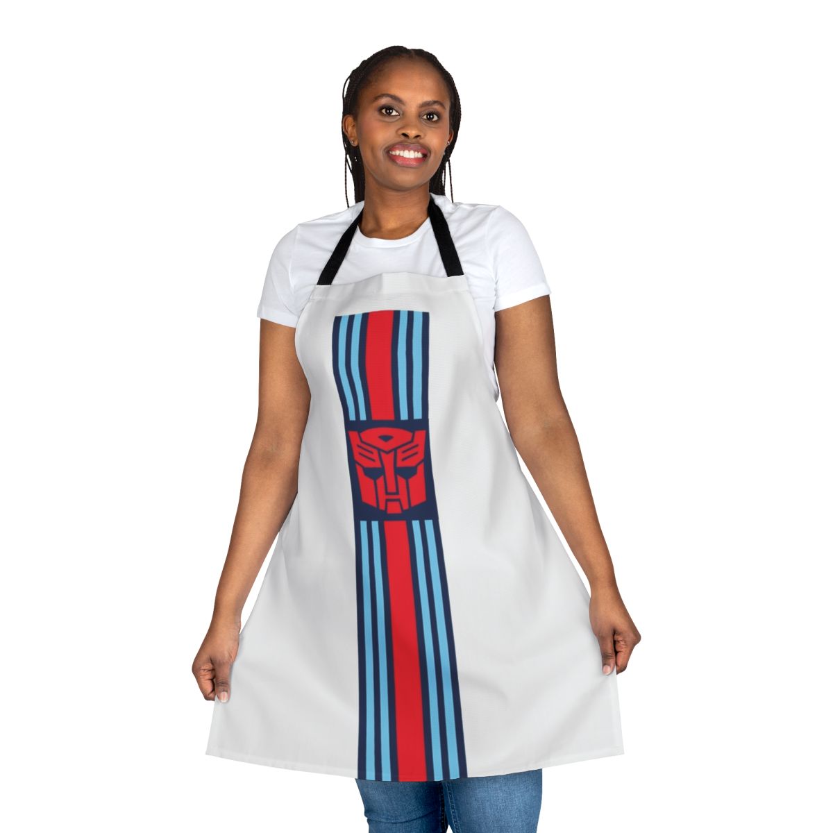 Transformers-themed kitchen apron with robot characters and race car graphics