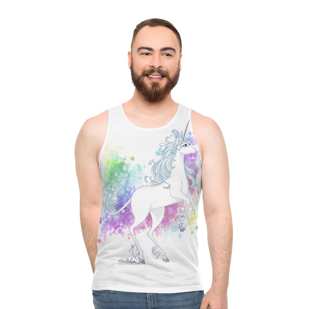 Transforming unicorn graphic on a unisex tank top