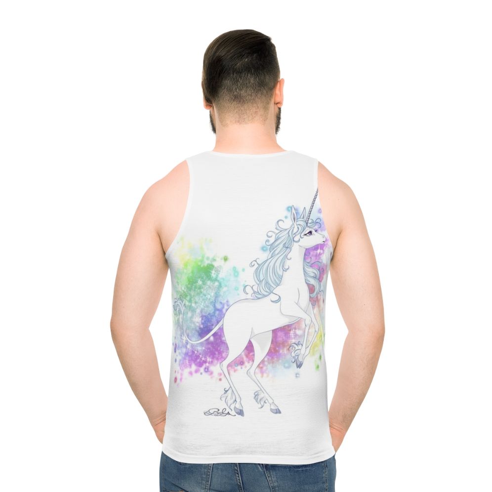 Transforming unicorn graphic on a unisex tank top
