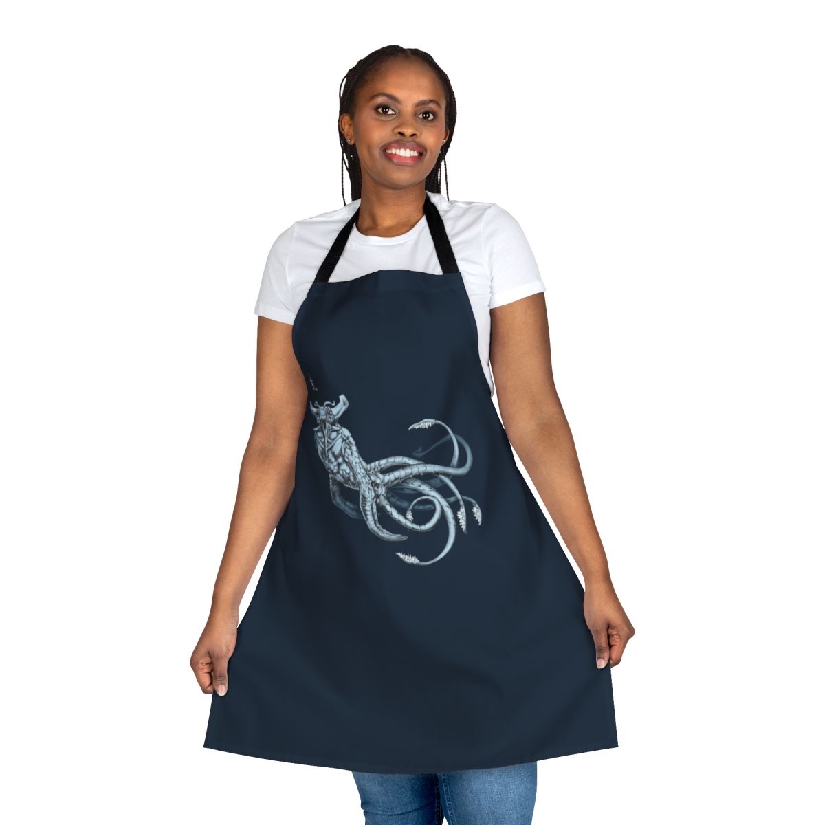 Transparent kitchen apron with a sea creature design, perfect for Subnautica fans