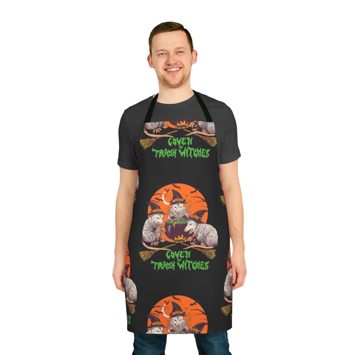 Trashy witch apron featuring a cute opossum or possum design