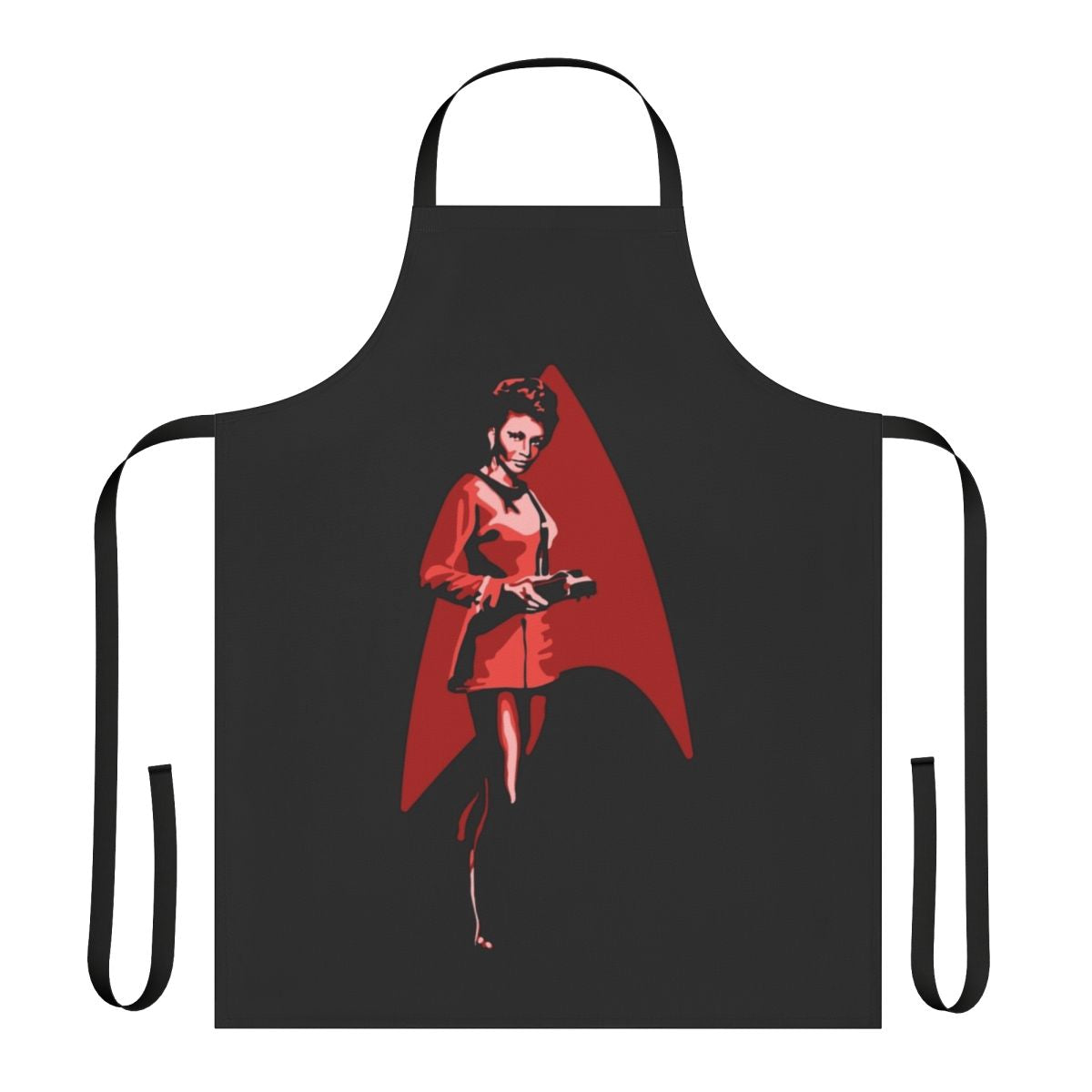 A stylish apron featuring the silhouette of Uhura, the iconic communications officer from the original Star Trek series.