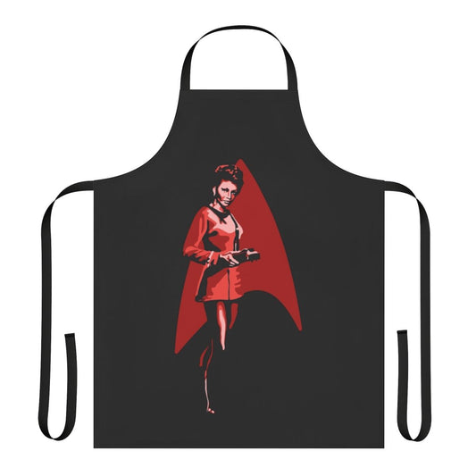 A stylish apron featuring the silhouette of Uhura, the iconic communications officer from the original Star Trek series.