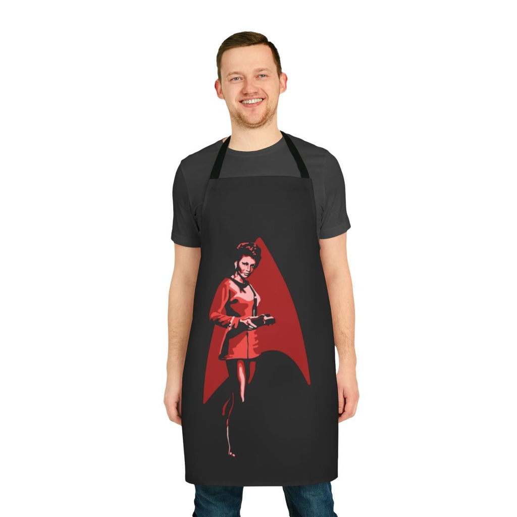 A stylish apron featuring the silhouette of Uhura, the iconic communications officer from the original Star Trek series.