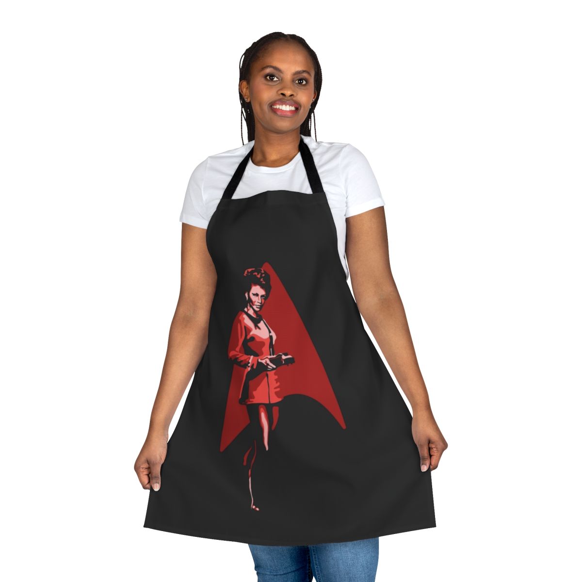 A stylish apron featuring the silhouette of Uhura, the iconic communications officer from the original Star Trek series.