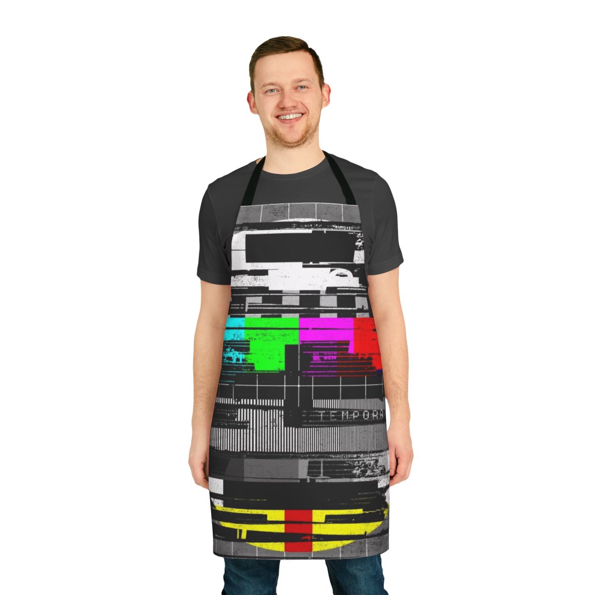 Graphically distressed and textured apron with a playful, retro-inspired glitch design.