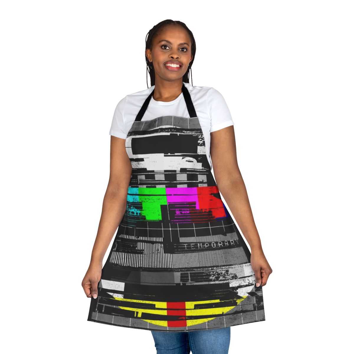 Graphically distressed and textured apron with a playful, retro-inspired glitch design.