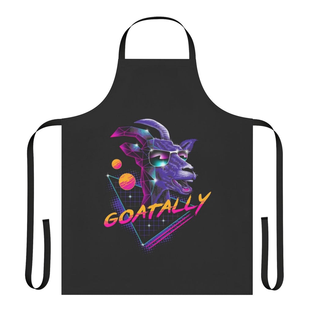 A vibrant and stylish goat-themed apron with a retro synthwave design.