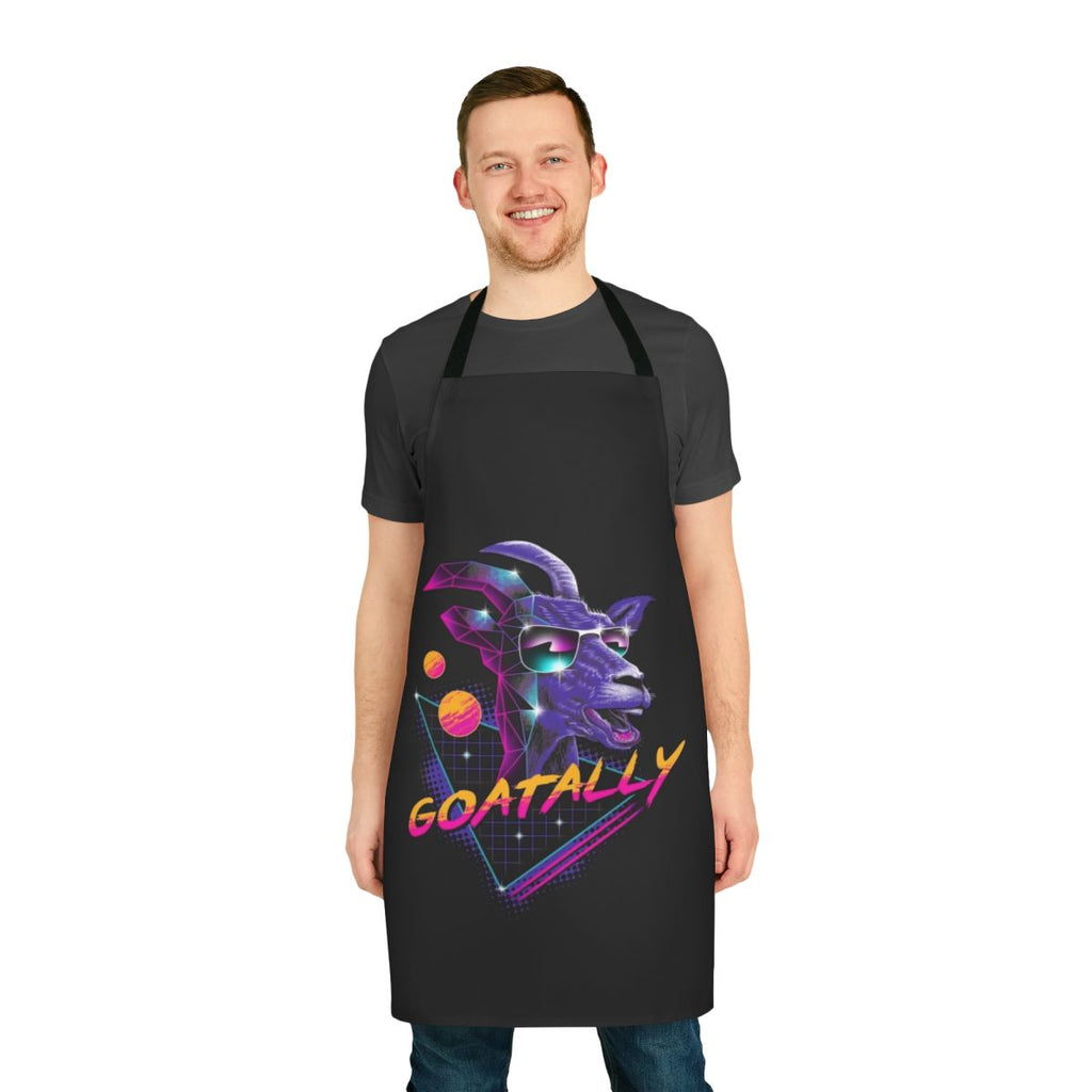 A vibrant and stylish goat-themed apron with a retro synthwave design.