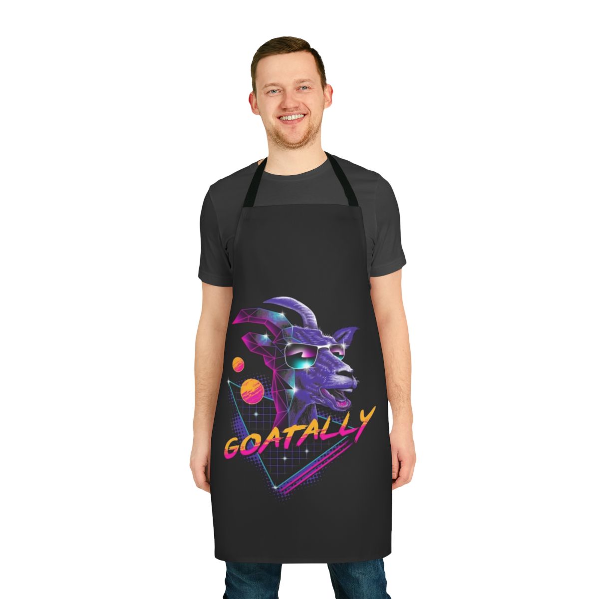 A vibrant and stylish goat-themed apron with a retro synthwave design.