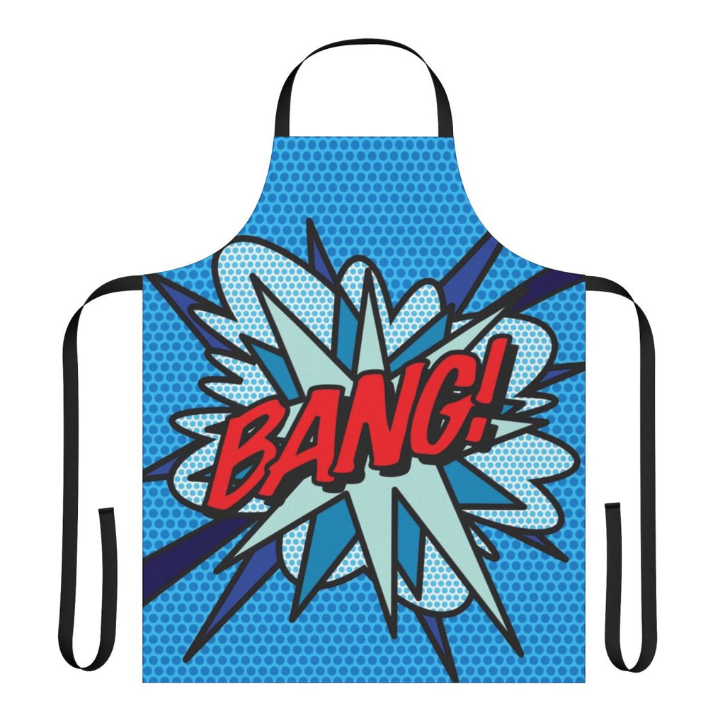 Vibrant comic book-inspired pop art graphic design on a modern apron
