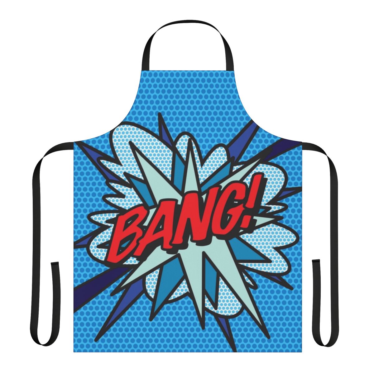 Vibrant comic book-inspired pop art graphic design on a modern apron