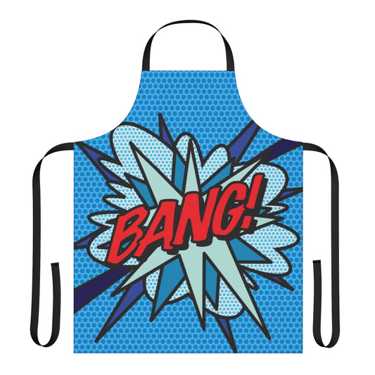 Vibrant comic book-inspired pop art graphic design on a modern apron