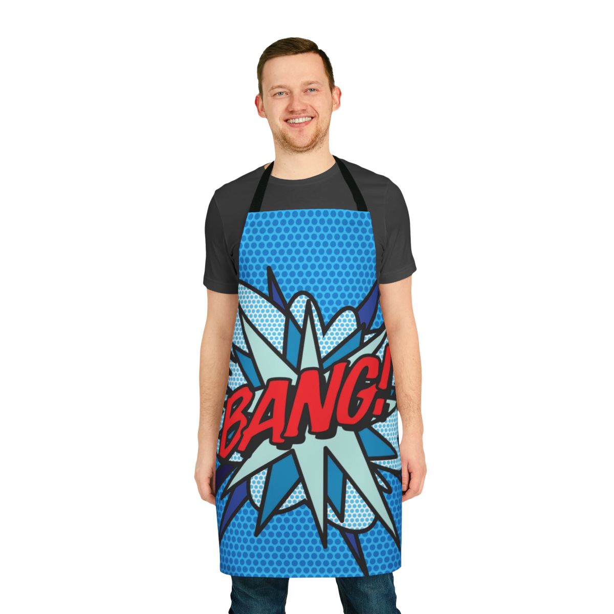 Vibrant comic book-inspired pop art graphic design on a modern apron