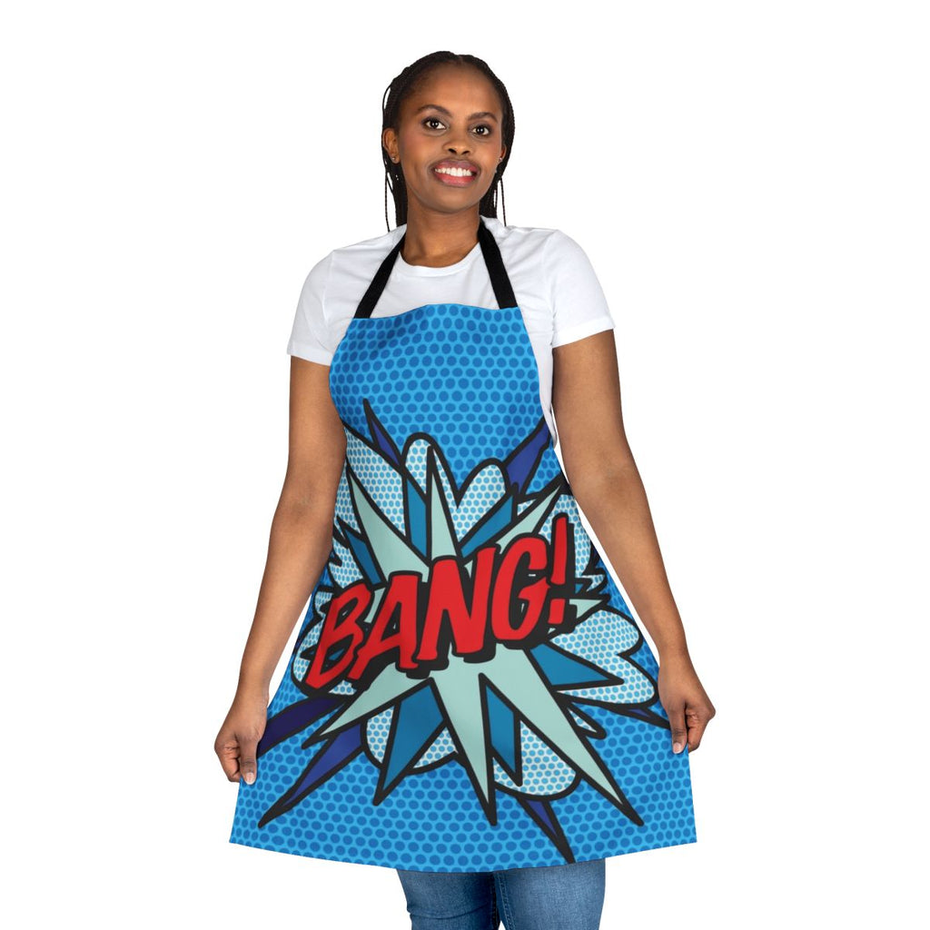Vibrant comic book-inspired pop art graphic design on a modern apron