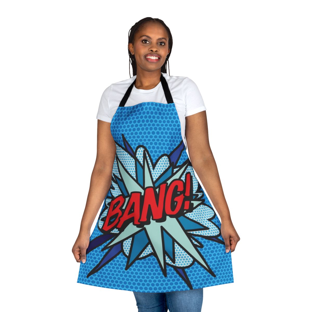 Vibrant comic book-inspired pop art graphic design on a modern apron