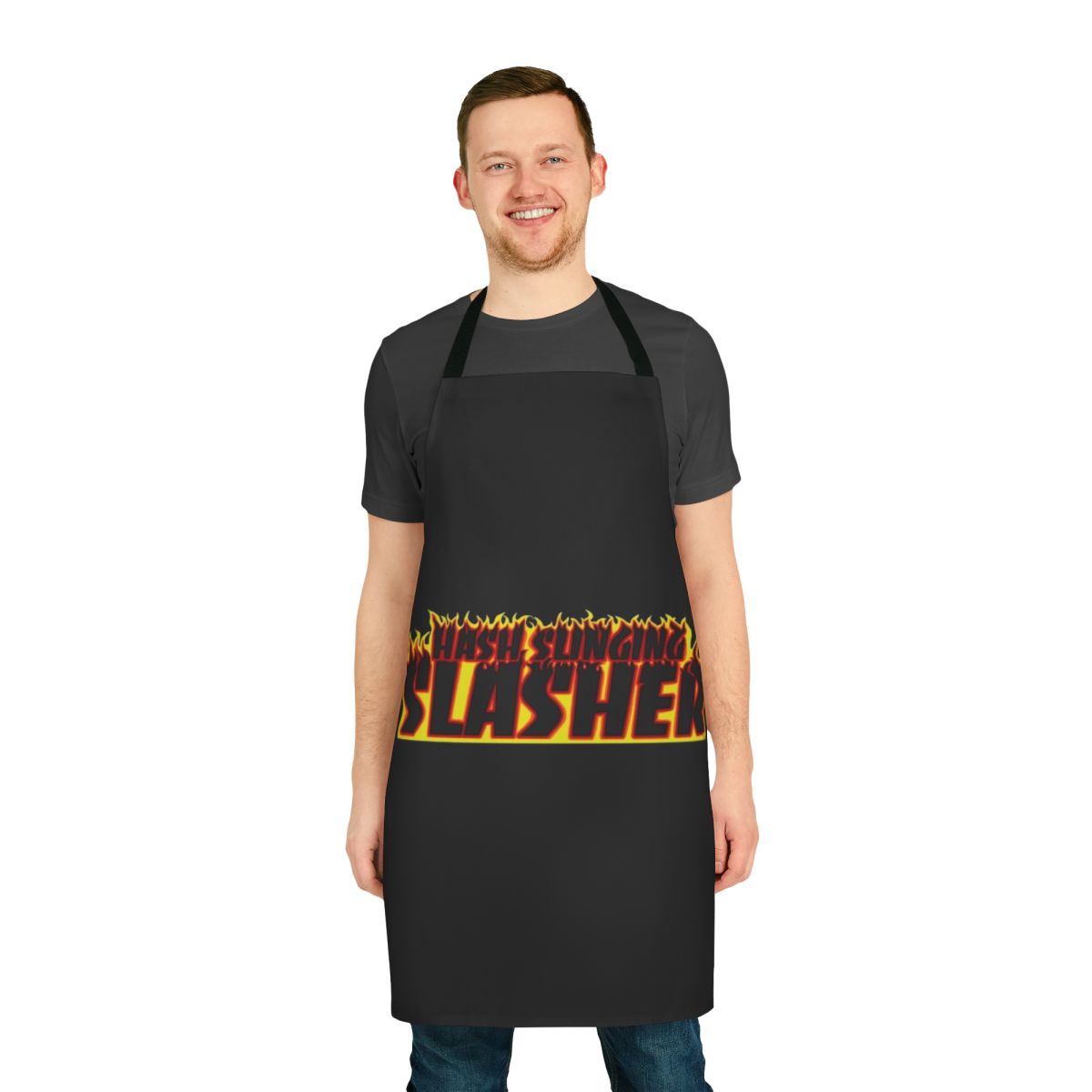 Apron with a graphic of the "Hash Slinging Slasher" from Spongebob Squarepants, featuring the Thrasher logo and an aesthetic, meme-inspired design.