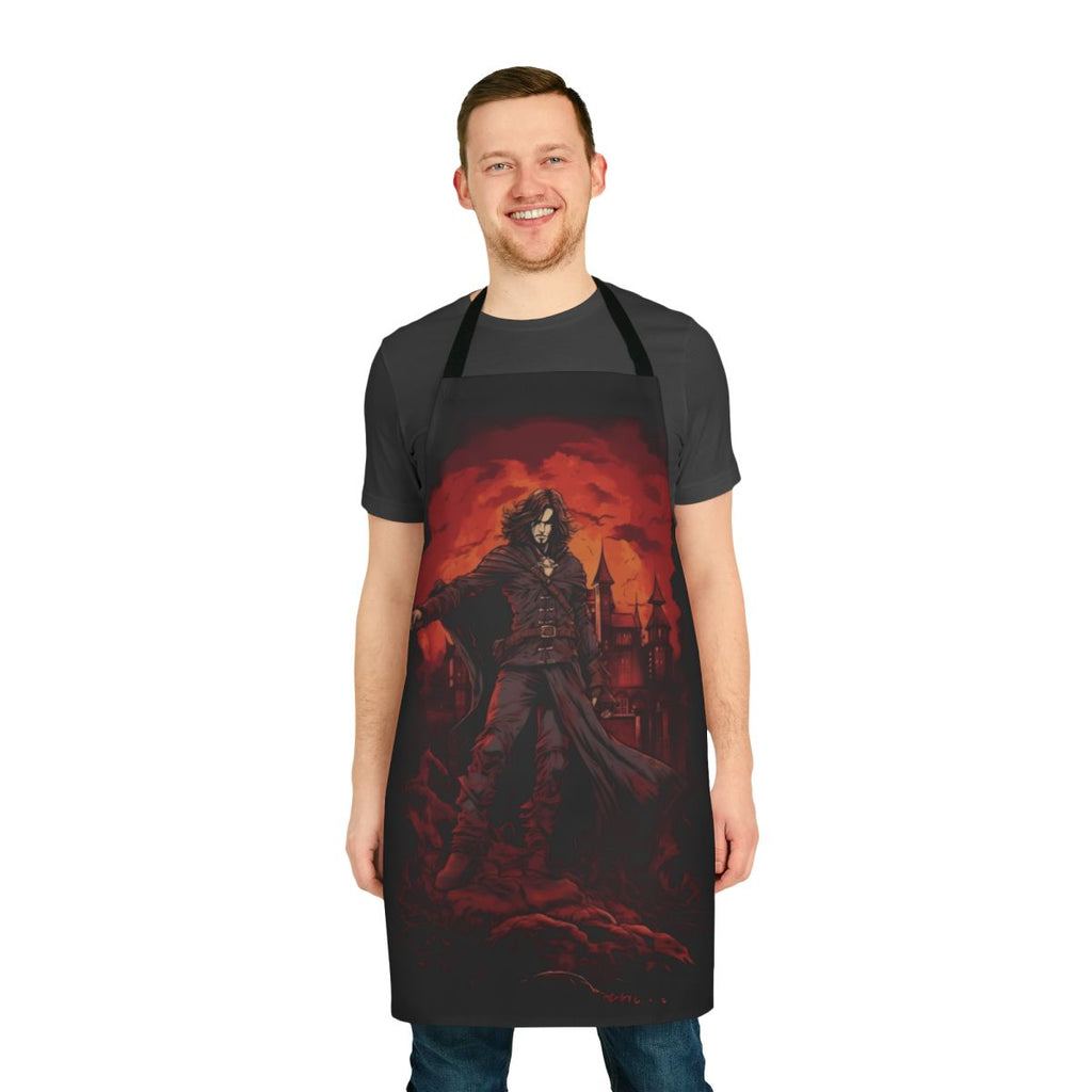 Apron featuring a stylized illustration of Trevor Belmont, the vampire hunter from the Castlevania franchise.