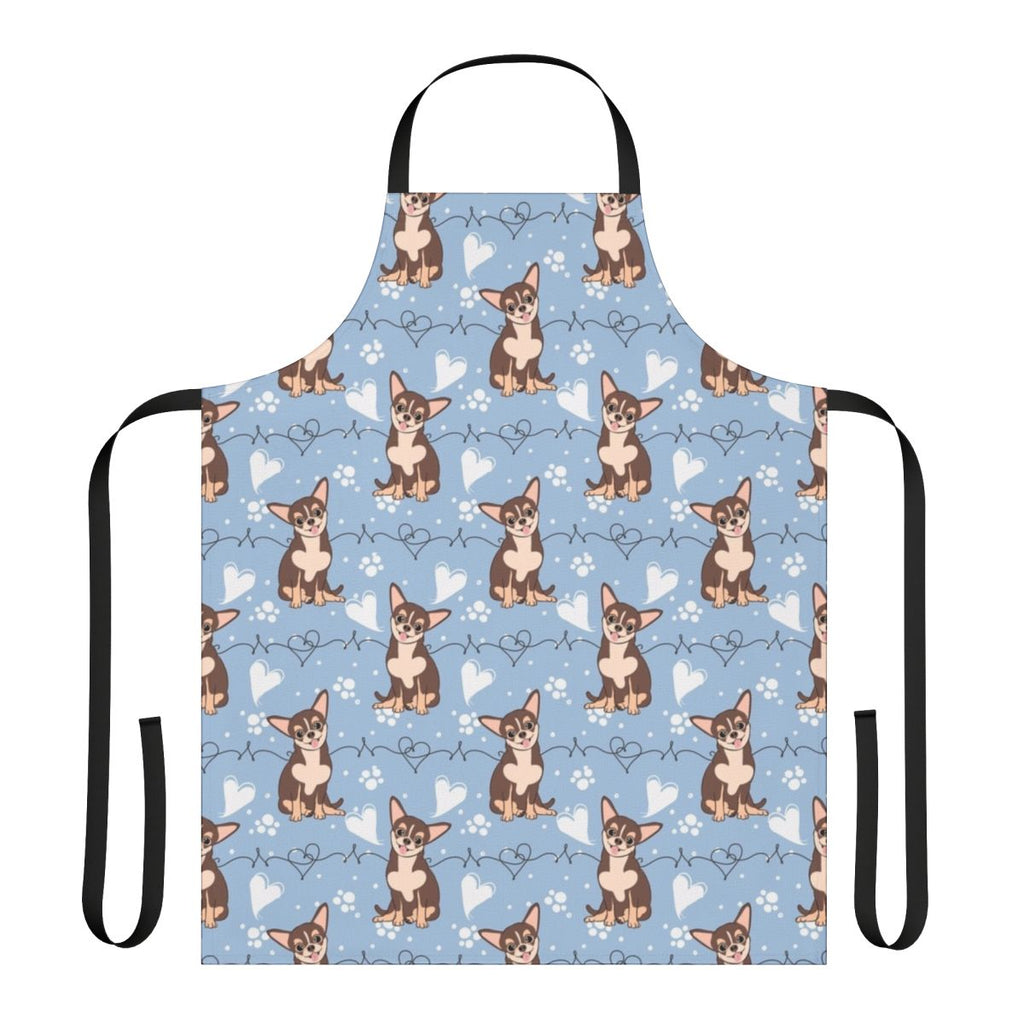A tri-color chihuahua-themed cooking apron with a cute, cartoon-style print.