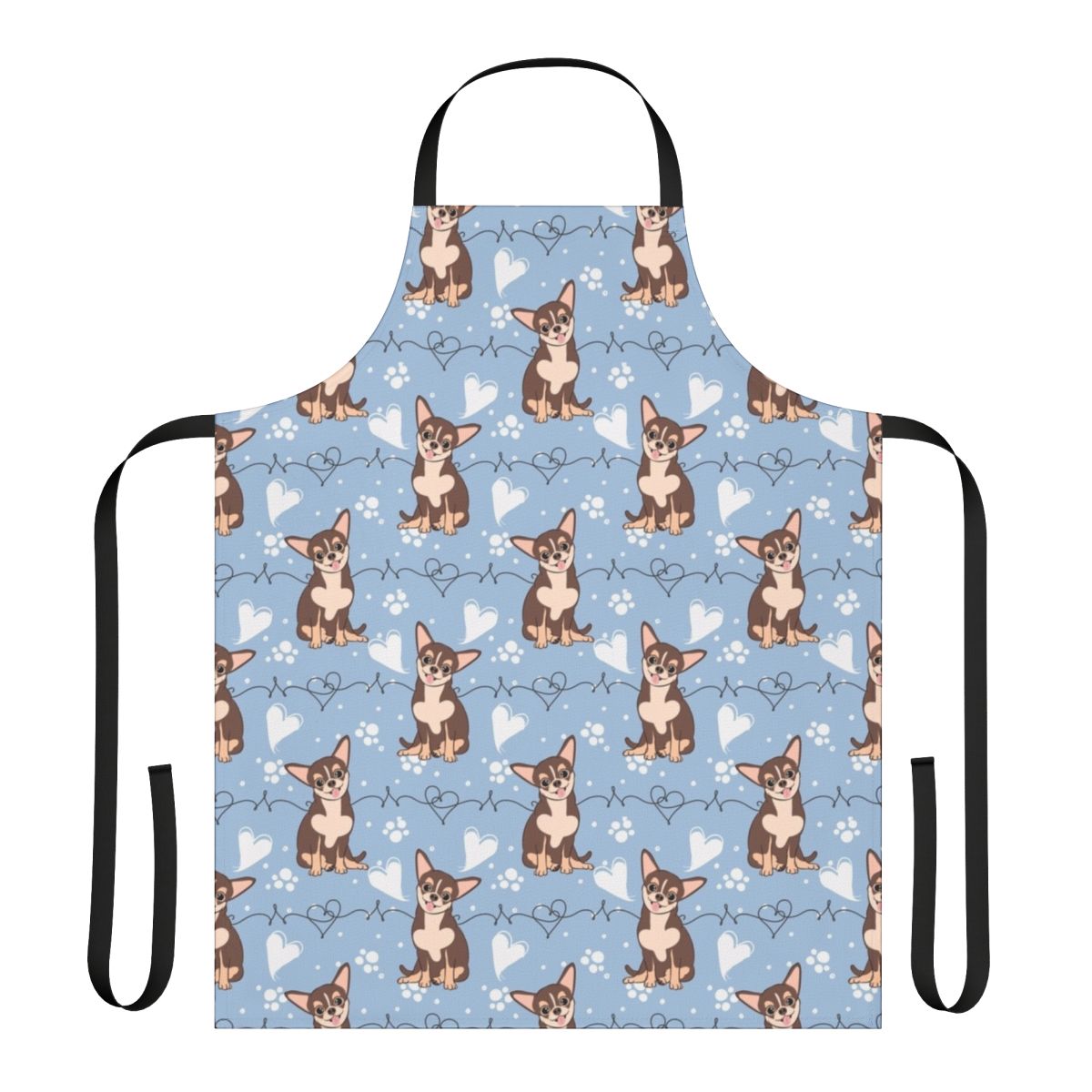 A tri-color chihuahua-themed cooking apron with a cute, cartoon-style print.