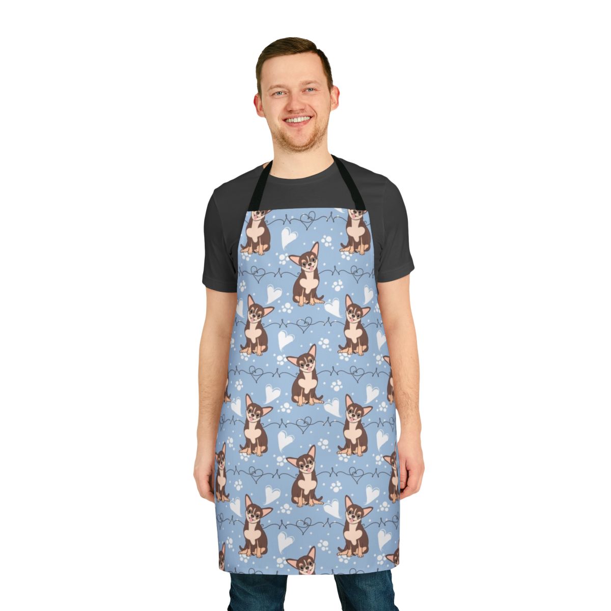 A tri-color chihuahua-themed cooking apron with a cute, cartoon-style print.