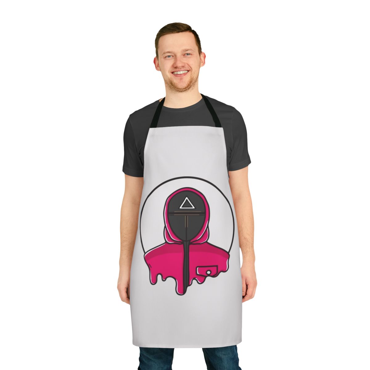 Triangle-shaped apron with Squid Game-inspired design