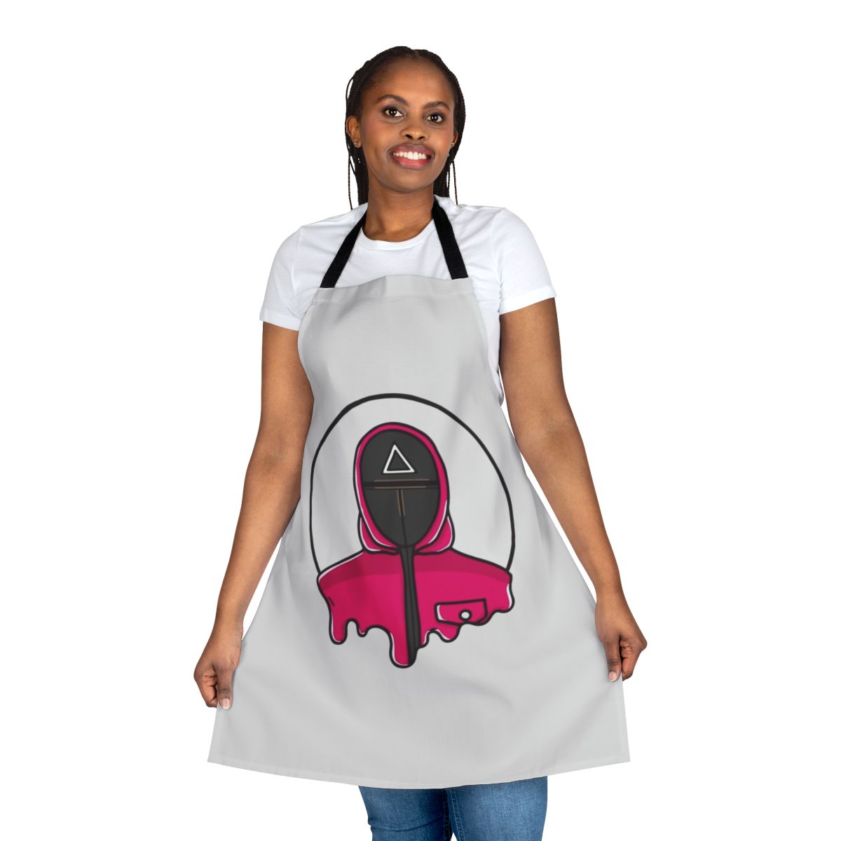 Triangle-shaped apron with Squid Game-inspired design