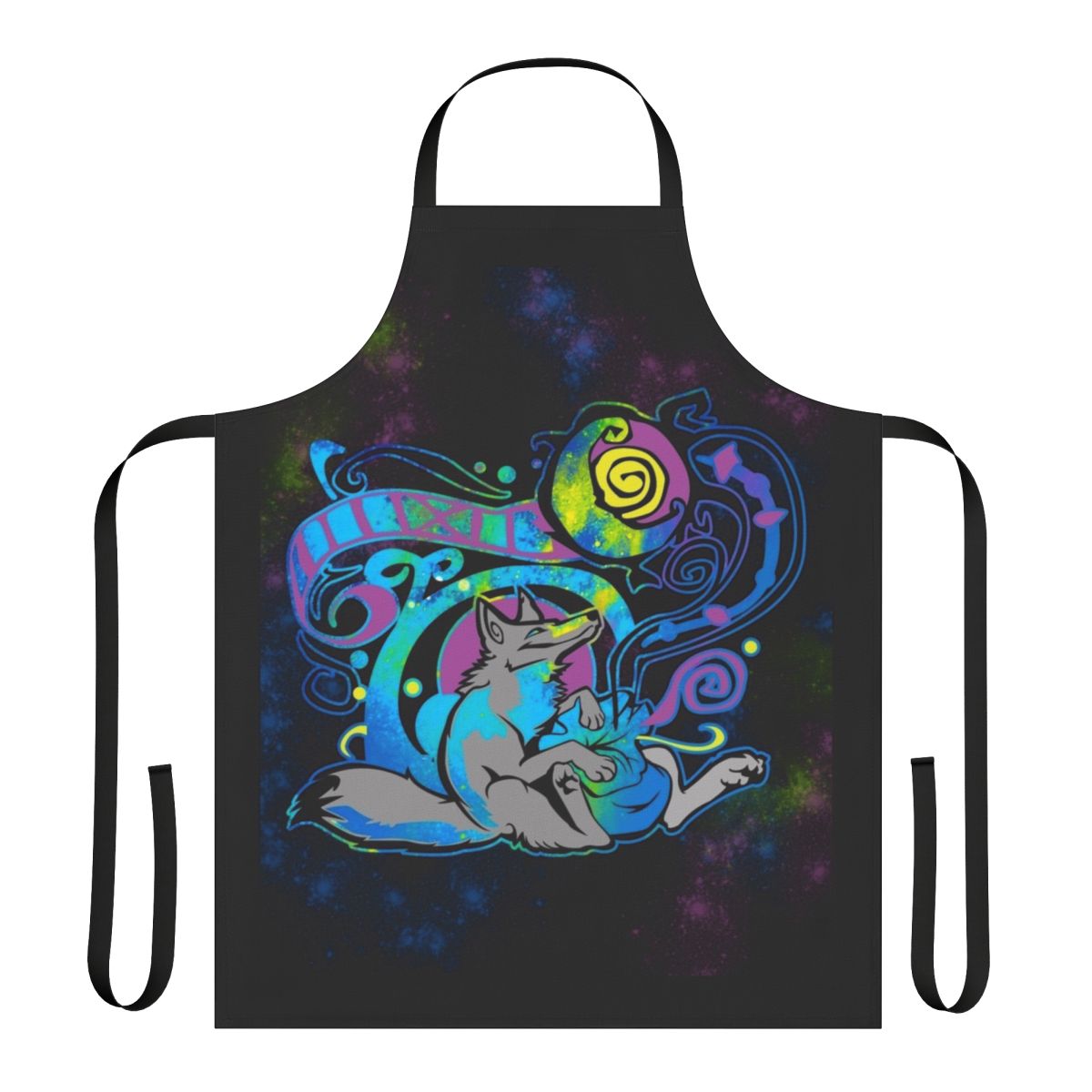 Tribal-inspired apron with animal silhouettes, stars, and swirly designs - perfect for furry fans and cosplayers.