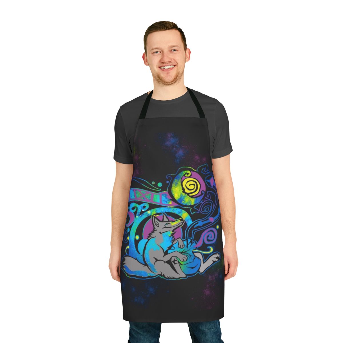 Tribal-inspired apron with animal silhouettes, stars, and swirly designs - perfect for furry fans and cosplayers.