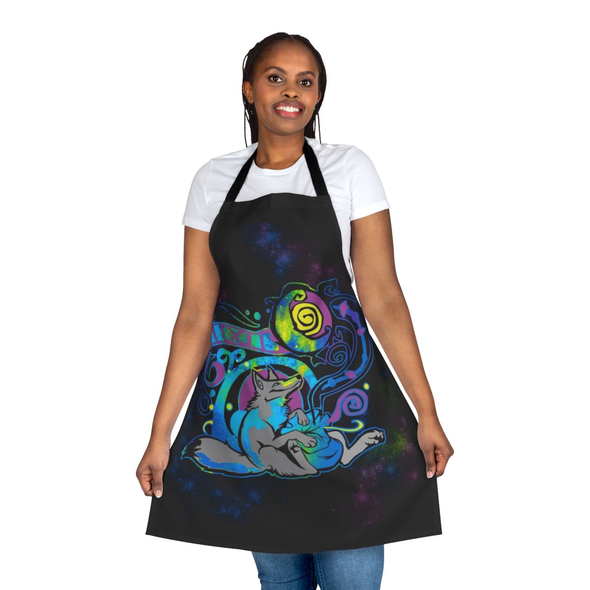Tribal-inspired apron with animal silhouettes, stars, and swirly designs - perfect for furry fans and cosplayers.