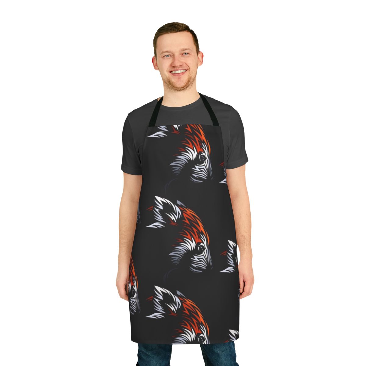 A colorful tribal-themed apron featuring a vibrant red panda design