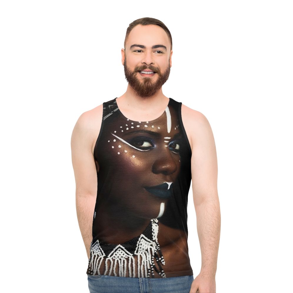 Tribal woman wearing abstract face tank top